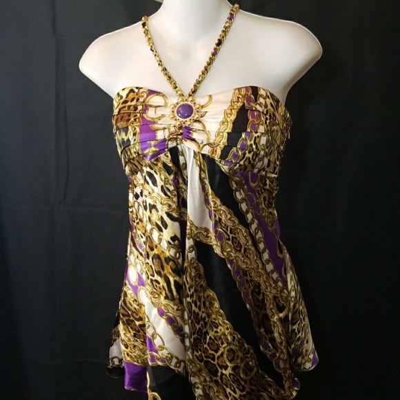 Cache Tops - NWT Cache halter chain medallion blouse sz Large